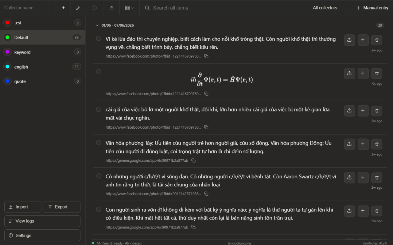 RawNotes web highlighter interface showing markdown notes and captured LaTeX formulas