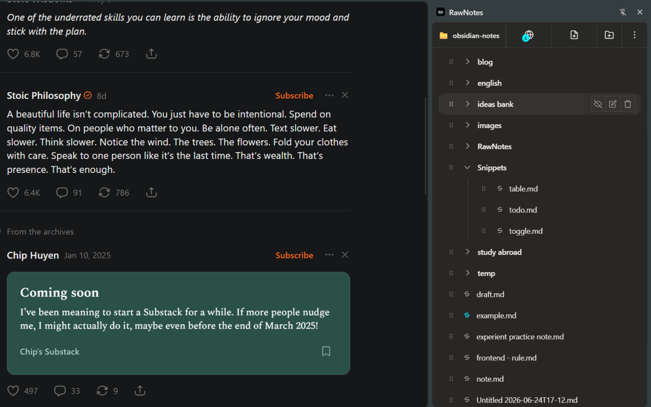RawNotes second brain dashboard organizing reading highlights and sources